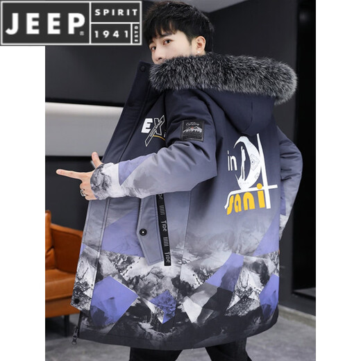 JEEP SPIRIT Men's Winter Windbreaker Jacket Plus Velvet Thickening Korean Style Trendy Mid-Length Parka Cotton Jacket Subzero Coldproof Cotton Jacket 21258 Black Blue M