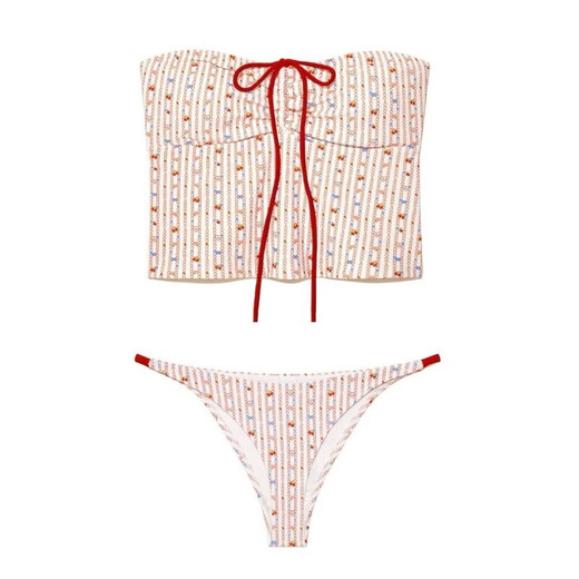 Meet the Wardrobe Swimsuit Women's Pure Lust Style Hot Girl Tube Top Strappy Floral Bikini Small Breasts Gathered Seaside Vacation Sexy Swimsuit Summer Red M