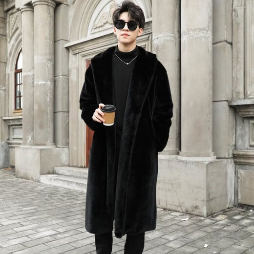 STRONG-WILLED thickened imitation mink fur long fur coat for men autumn and winter over the knee brand solid color long fur coat for men black S 90-115Jin Jin is equal to 0.5 kg