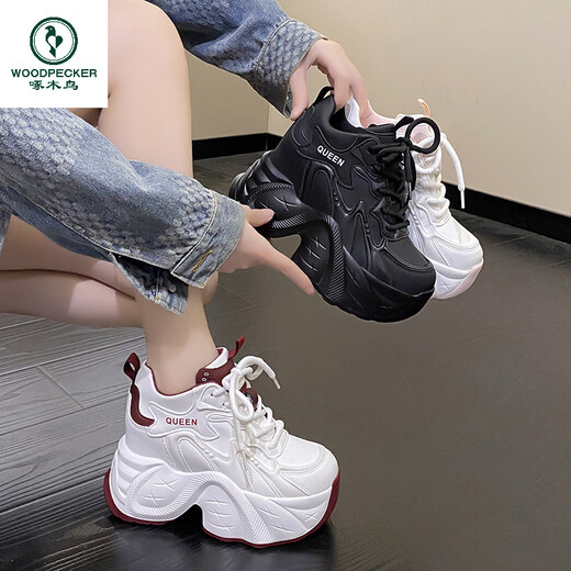 Woodpecker 10cm height increasing dad shoes for women 2025 autumn and winter new style thick sole heightening small feet showing small feet sports casual shoes burgundy 38