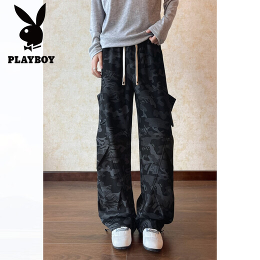 Playboy (PLAYBOY) American high street pleated casual pants for men in spring, plus size, trendy fat people, loose drawstring straight wide leg camouflage pants, gray M