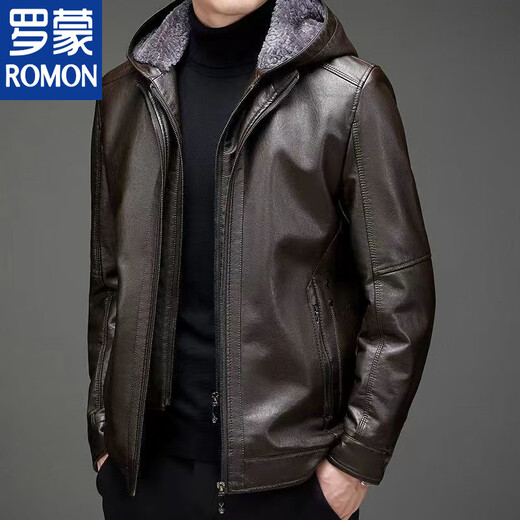 ROMON Haining Leather Men's Fur All-in-One Jacket Middle-aged and Old Sheepskin Plus Velvet Thickened Leather Jacket for Dad Black Hat Style Plus Velvet Thickened XL 180 Size 110-135Jin Jin is equal to 0.5 kg