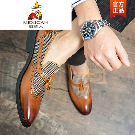 Espantapájaros (MEXICANO) estilo retro británico moda para hombres de negocios casual zapatos de cuero pequeños mocasines perezosos sin cordones con borlas marrón 9196 negro 38 tamaño de zapato de cuero estándar
