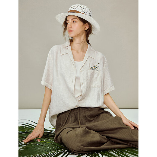INMAN Linen Embroidered Cuban Collar Shirt 2026 Spring Women's New Loose Short-Sleeved Top Apricot Gray M