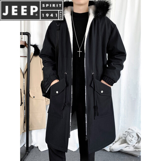 JEEP SPIRIT velvet thickened windbreaker men's hooded parka Hong Kong style coat winter and autumn coat youth mid-length large pocket men's black M