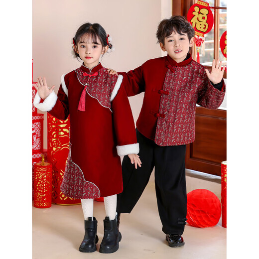Disney New Year's greetings suit for boys, Tang suit, new Chinese style winter children's Chinese New Year, female cheongsam, kindergarten, New Year's Day children's performance clothing, new Chinese style long-sleeved cotton jacket + woolen pants 100 cm loose fit, don't be too big