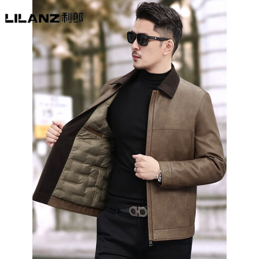 LILANZ official autumn and winter velvet thickened down leather jacket men's American retro lapel goose down warm motorcycle leather jacket brown 90% goose down lining - flagship model M 170 recommended 90-110 Jin Jin equals 0.5 kg