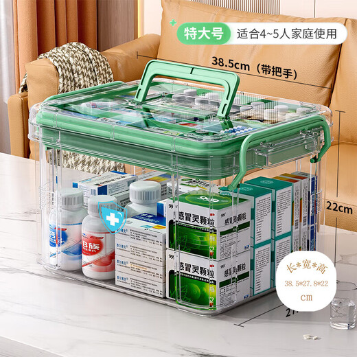 EACHY medicine box household medicine box transparent plastic storage box green extra large two-layer