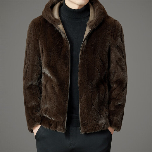 Lilang Lilang Men's Fur Hooded Coat 2024 Winter Casual Reversible Shenandoah Mink Fashion Fur One-piece Warmth Black M 48/170