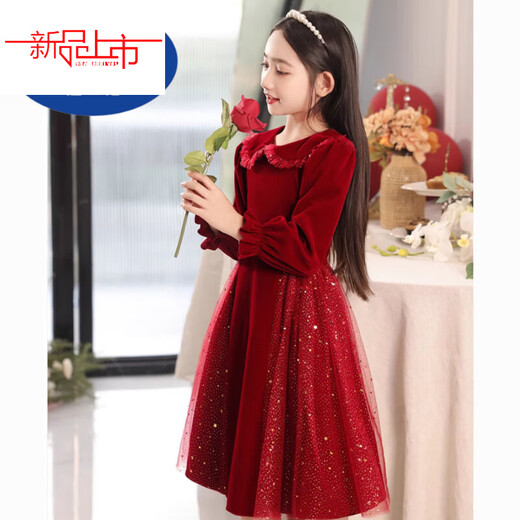 Disney Girls Dress Velvet Children's Skirt Red Princess Dress Host Performance Clothes Autumn and Winter Long Sleeve Plus Velvet Red Regular 140