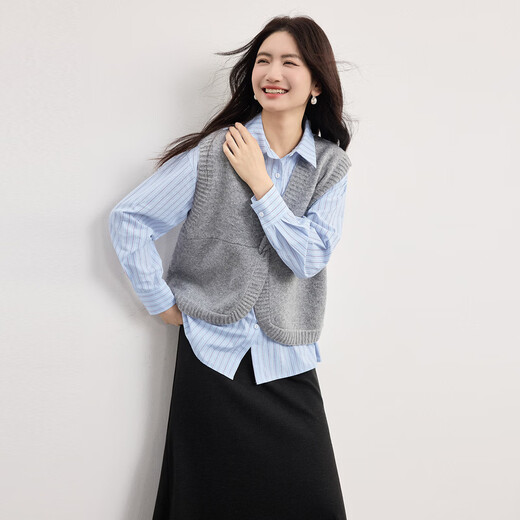 Sllsky Elegant and Decent Three-piece Set 2026 Spring Knitted Vest Striped Shirt Skirt Set Elegant Gray Vest L