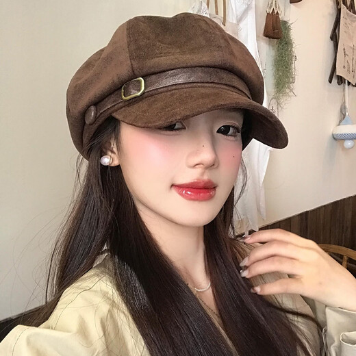 LeCali beret women's autumn and winter warm Maillard coffee color retro suede face-showing small belt octagonal newsboy hat