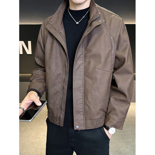 Playboy Leather Men's Jacket Spring and Autumn 2025 New Trendy Brand Stand Collar Men's High-end Handsome Motorcycle Suit Leather Jacket Brown M