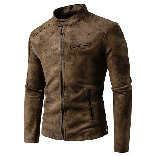 Shijanu trendy brand leather jacket men's stand collar autumn and winter velvet warm motorcycle style cycling jersey suede leather jacket brown L _Suitable for 116-130Jin Jin equals 0.5 kg