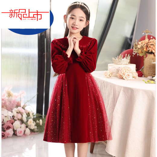 Disney Girls Dress Velvet Children's Skirt Red Princess Dress Host Performance Clothes Autumn and Winter Long Sleeve Plus Velvet Red Regular 140