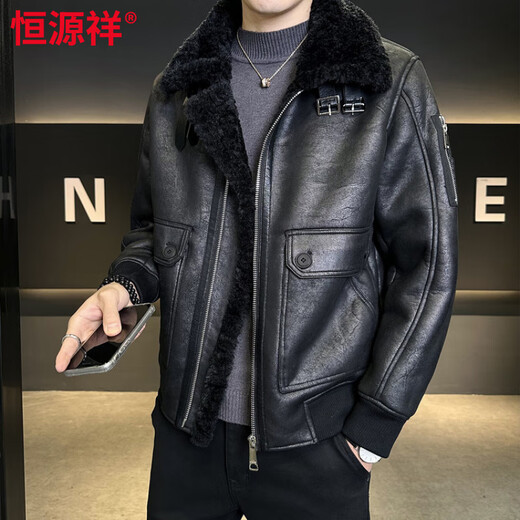 Hengyuanxiang new winter PU fur one-piece jacket men's trendy brand loose casual plus velvet thickened short motorcycle leather jacket black L