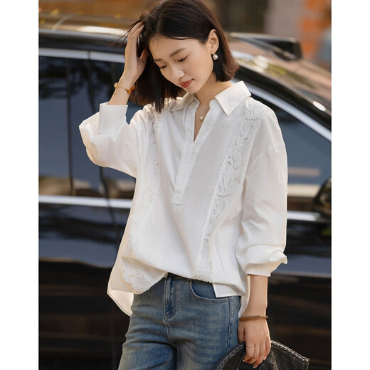 Demana 100 pure cotton spring cool and smart V-shaped lapel outer shirt lace decorated women's shirt