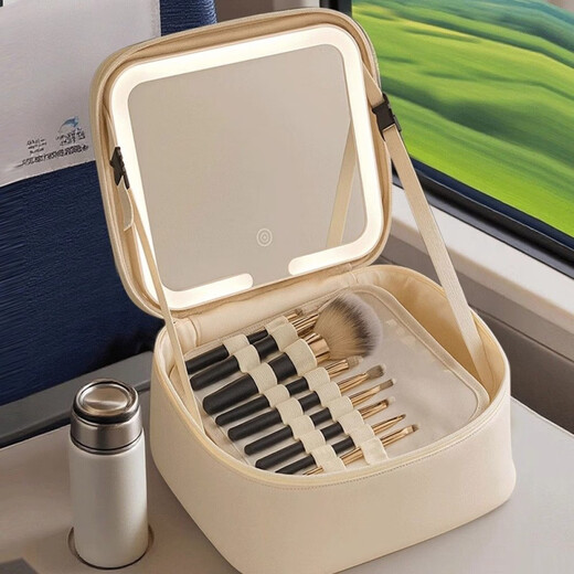 Maisute cosmetic bag for women LED with mirror multi-functional dry and wet separation toiletry bag storage travel portable portable large capacity off-white full screen large mirror