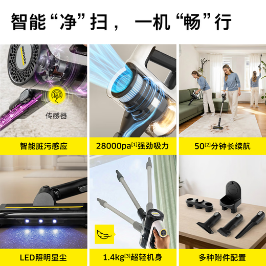 KARCHER, Germany, upgraded smart induction wireless handheld home and car dual-purpose vacuum cleaner, vertical high-suction mite removal, carpet pet hair, long battery life 180, lying flat KVA 3