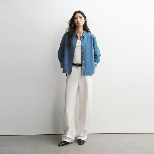 Peacebird long-sleeved slightly wide denim shirt 26 spring women's new cuff inner stripe contrast fashion shirt denim medium blue L 165