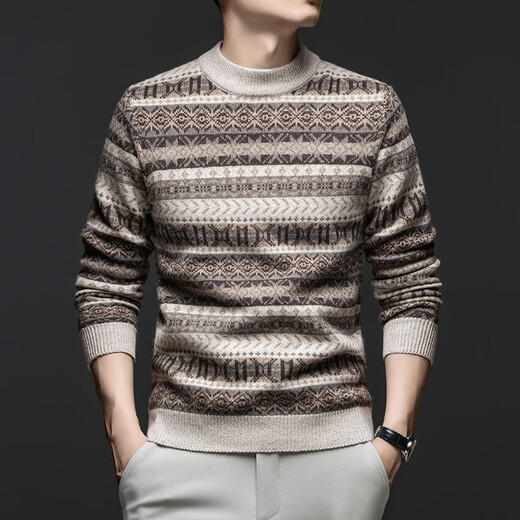 Wirpta high-end brand jacquard pure wool sweater for men spring and autumn new thickened warm sweater retro casual sweater fashion misty camel thickened (ready in stock) M 105