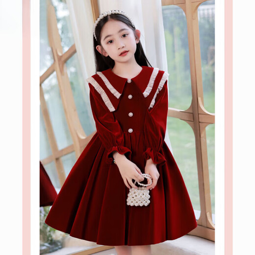 HAL.DUCK girls' dress, stylish and sweet princess style velvet children's skirt plus velvet mid-length red dress skirt red regular 120