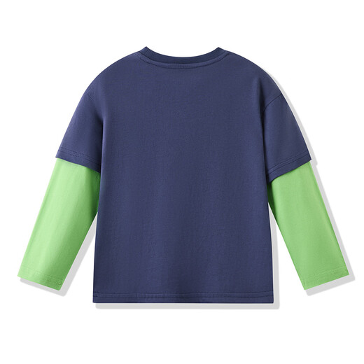 ASK JUNIOR 7A antibacterial children's fake two-piece long-sleeved T-shirt 26 spring children's contrasting color bottoming shirt for boys and girls, navy blue 90