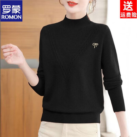 ROMON's 26 popular new women's woolen half turtleneck loose knitted sweater for middle-aged mothers autumn and winter pullover bottoming shirt purple L (recommended 80-95Jin Jin equals 0.5 kg)