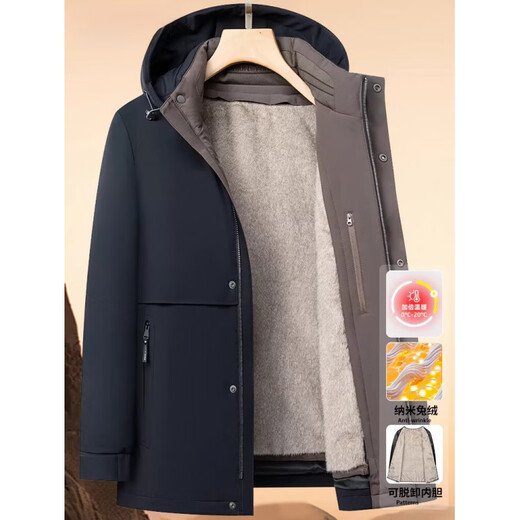 KBXNG Jinba super thick down jacket men's medium and long style winter new hooded casual parka rabbit velvet lining fur windbreaker outer navy blue 2XL 185