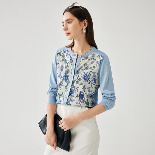 Zhaojun Spring and Summer Mulberry Silk Chinese Style Printed Sweater Women's Round Neck Long Sleeve Cardigan Thin Top Xinghai Blue L