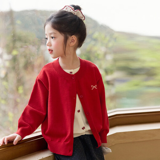 LUSON Children's Clothing Baby Red Knitted Cardigan Women's 2026 Spring Girls New Year Sweater Knitted Jacket
