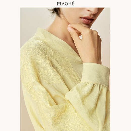 Maohe hollow embroidered V-neck top 2026 spring new style temperament shirt 26MH61102 Gardenia Yellow S