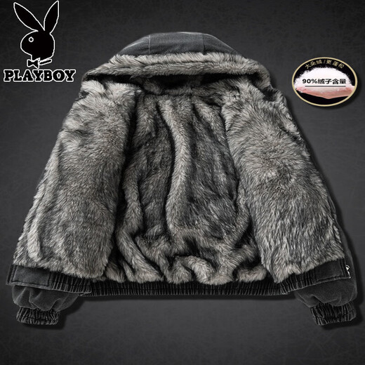 Playboy модная джинсовая куртка в стиле ретро, ​​мужской пуховик, зимний утолщенный бархатный капюшон с горным меховым воротником, утиный пуховик серого качества, проверенный утиный пух, 90% бархат S, подходит для 85-90 лет, вес Джин Цзинь составляет 0,5 кг.