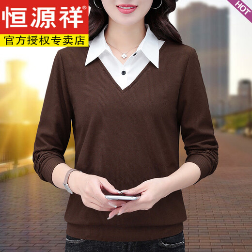 Hengyuan Xiang fake two-piece shirt women's long-sleeved spring and autumn new style middle-aged mother's shirt Western style versatile sweatshirt bottoming plus velvet top AK27 coffee color M recommended 80-105Jin Jin equals 0.5 kg