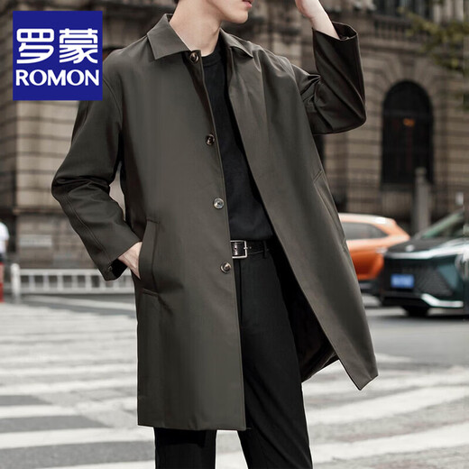 ROMON retro simple windbreaker men's mid-length single-breasted autumn and winter Korean coat business casual jacket for young and middle-aged men, military green XL
