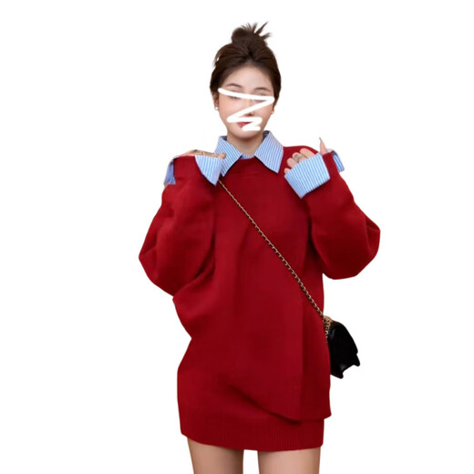 Fat Donglai's same style annual party dress for women, high-end red knitted sweater suit, skirt, autumn and winter 2026 purchasing agent, red suit + shirt, three-piece set, popular this year/a complete set ootd S 40/45kg, rich family's gold-rich outfit