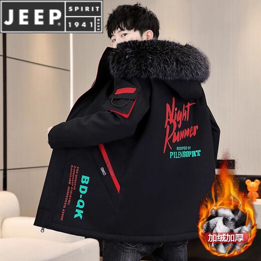 JEEP SPIRIT velvet thickened men's jacket mid-length trendy overcoat cotton winter men's jacket 2025 new windbreaker BDQ black rice XL