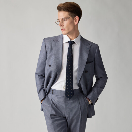 By Creations REDA imported pure wool suit men's business double-breasted professional formal wedding dress suit gray blue 46