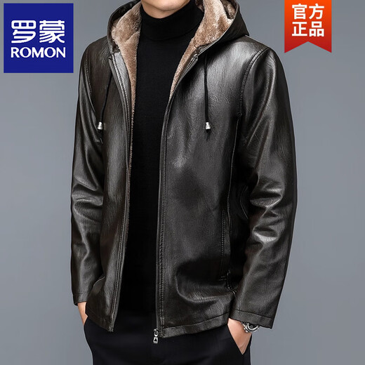 ROMON autumn and winter middle-aged and elderly leather jacket hooded men's leather jacket large size loose casual dad wear velvet thickened jacket 105 coffee color 4XL 190 190-220Jin Jin is equal to 0.5 kg