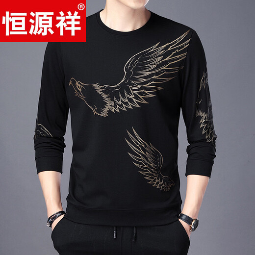 Hengyuanxiang high-end sweatshirt men's round neck spring thin middle-aged men's long-sleeved t-shirt men's fashion printed t-shirt daddy gold A26 M 165