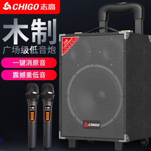 CHIGO Trolley Square Dance Audio Outdoor Karaoke Bluetooth Speaker Special Large Volume Mobile Stage High-Power Stall Heavy Bass High-end Home Mobile Portable Amplifier 8-inch Wooden Box (15-inch Combination Speaker) Standard Edition