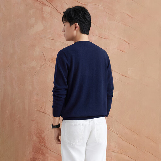 Deer King All Cashmere Cashmere Sweater Men's Cashmere Knit Sweater Round Neck Casual Bottoming Pullover Versatile Style Sapphire Blue L 175/92A