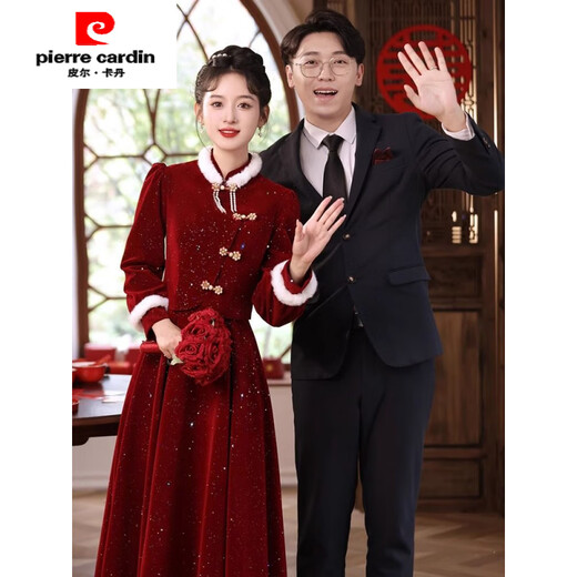 Pierre Cardin New Chinese Toast Wear 2025 New Bride Autumn and Winter Wedding Red Engagement Dress Skirt Women's Winter Velvet Cheongsam Burgundy Winter Style L Recommended 105-115 Jin Jin equals 0.5 kg