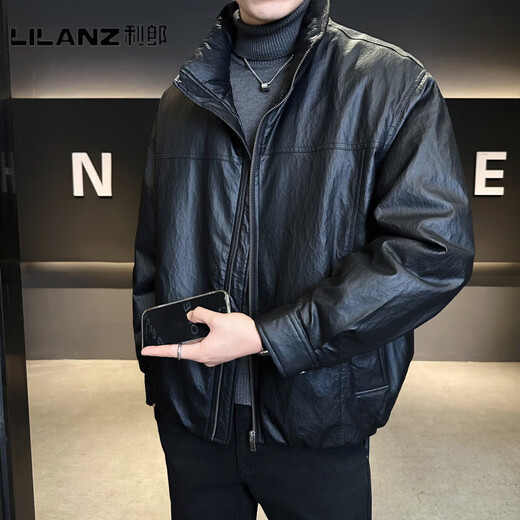 LILANZ Official Men's Leather Down Jacket Winter Thickened 2025 New Fashion Brand Style Stand Collar Short Waterproof White Duck Down Jacket Black - Flagship Model M 100-130Jin Jin is equal to 0.5 kg