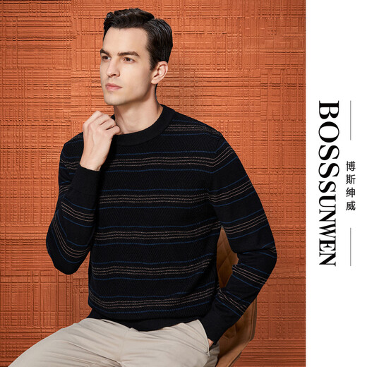 Bosssunwen 100% sheep wool recommended for spring business casual skin-friendly soft contrast striped round neck men's wool sweater black M