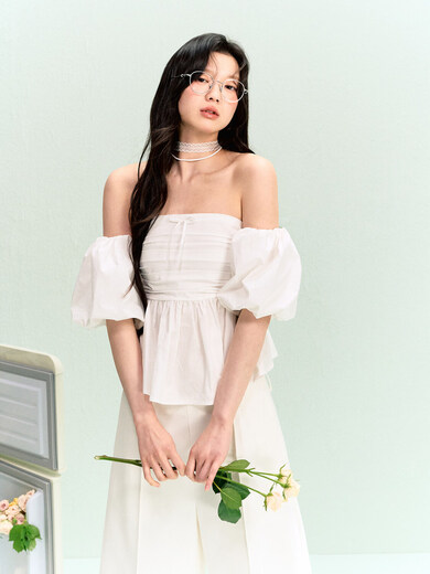 LA LUNE DU CIEL French white tube top with flower buds, waisted short-sleeved top for women, summer simple and elegant shirt, size S