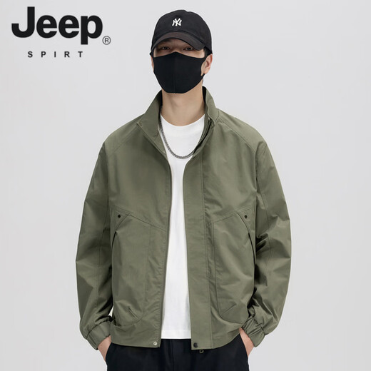 JEEP SPIRIT Men's Jacket Spring and Autumn 2026 New Trendy Brand Stand Collar Loose Casual Men's Top Work Jacket Men's Spring Green L (Recommended 110-130 Jin Jin equals 0.5 kg)