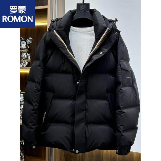 罗蒙（ROMON）高端羽绒服男2025冬季新款时尚轻奢帅气休闲加厚连帽保暖短外套潮 黑色 XL 180 145--155斤
