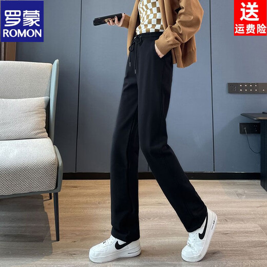 ROMON straight-leg pants for women in autumn and winter plus velvet and thickened sports pants for tall men and women, extra-long spring and autumn pants, gray winter sweatpants, diamond velvet light gray small straight pants (pant length 90) S