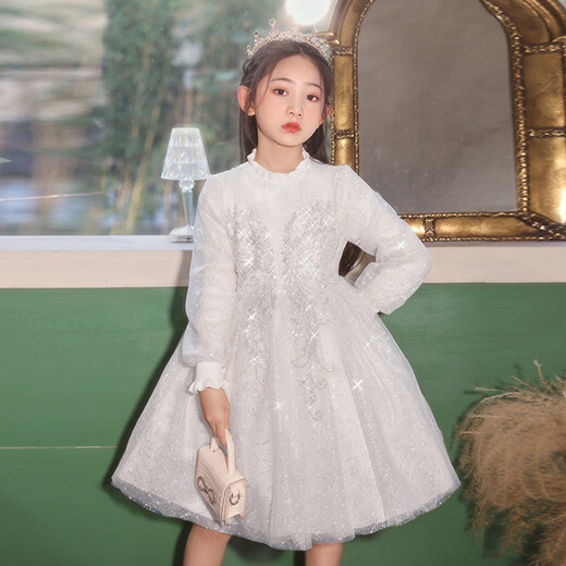 Kalfit princess dress for girls winter velvet thickened western style dress girl small fragrant skirt white 130